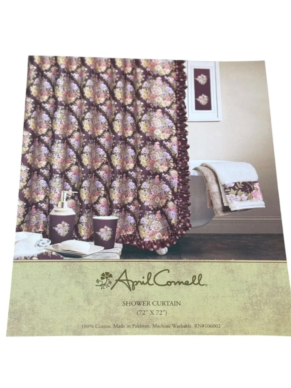 APRIL CORNELL Shower Curtain Cotton Fabric Ruffle Plum Purple Cottage Floral NWT
